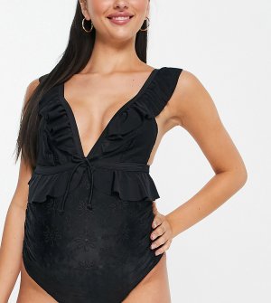 Эксклюзивный слитный купальник черного цвета с оборками и вышивкой бродери англез Maternity Exclusive-Черный цвет Peek & Beau