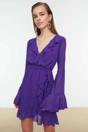 Элегантное вечернее платье из шифона с воланами фиолетового цвета , фиолетовый Trendyol