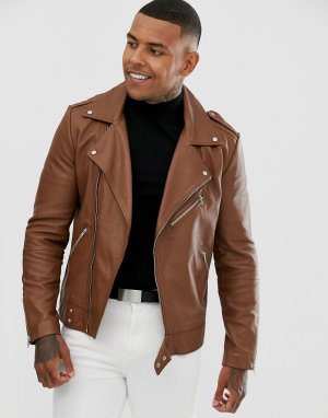 Светло-коричневая кожаная байкерская куртка -Коричневый ASOS DESIGN