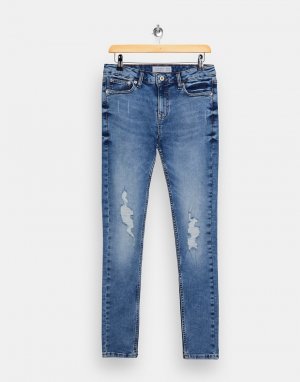 Выбеленные супероблегающие джинсы с рваной отделкой из смесового органического хлопка -Голубой Topman