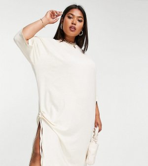 Кремовое платье-футболка мидакси в стиле oversized с разрезом сбоку -Белый Public Desire Curve