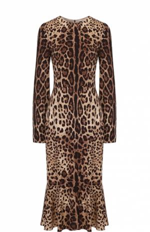 Приталенное платье-миди с леопардовым принтом и длинным рукавом Dolce & Gabbana. Цвет: коричневый