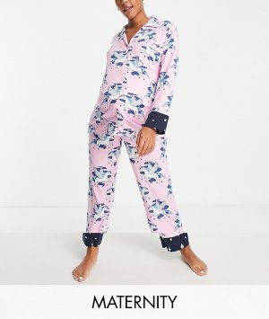 Длинный пижамный комплект с рубашкой на пуговицах и принтом летящим единорогом Maternity-Розовый цвет Chelsea Peers