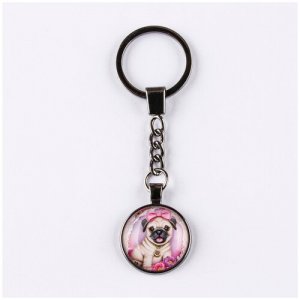 Брелок цвета титан с большим кольцом для ключей, цепью и круглым рисунком Щенок бульдога розовым бантом DARIFLY