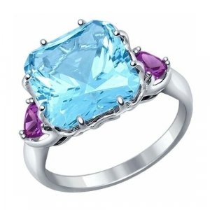 Перстень Кольцо из серебра с голубым ситаллом и фианитами, серебро, 925 проба, родирование, фианит, размер 17, голубой SOKOLOV. Цвет: голубой/серебристый