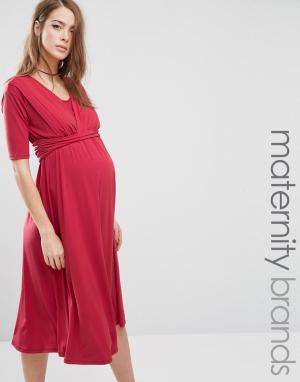 Платье миди для беременных и кормящих с запахом Bluebelle Maternity. Цвет: красный