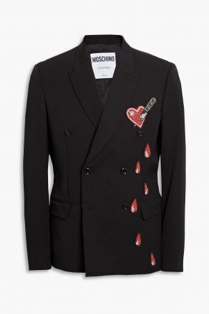 Двубортный пиджак из шерстяного твила с аппликацией MOSCHINO, черный Moschino