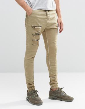 Гаремные джинсы с рваной отделкой SikSilk. Цвет: stone