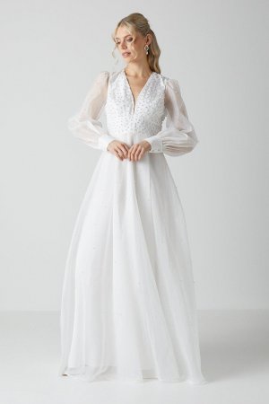 Украшенное жемчугом свадебное платье из органзы с блузкой и рукавами , белый Coast