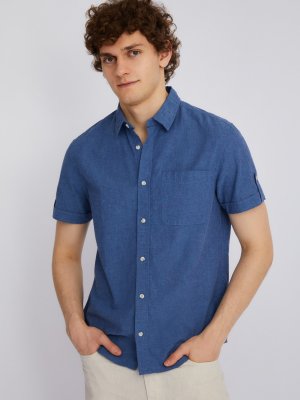 Рубашка из льна с коротким рукавом zolla. Цвет: голубой