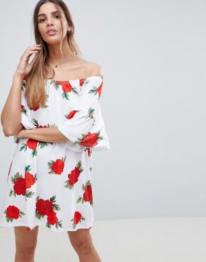 Летнее платье с принтом роз и открытыми плечами -Мульти ASOS DESIGN