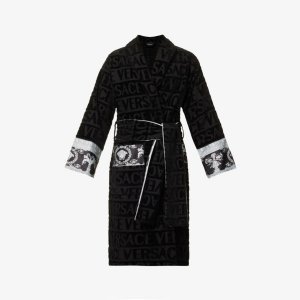 Хлопковый махровый халат с логотипом и принтом в стиле барокко , черный Versace