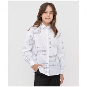 Блузка свободного кроя с принтом белая для девочек, модель 222BBGS22110225, размер 152 Button Blue. Цвет: белый