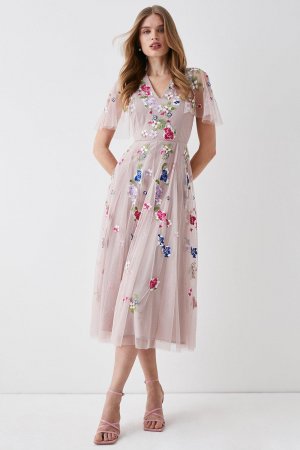 Сетчатое платье миди с рукавами-накидкой и цветочной вышивкой , розовый Coast