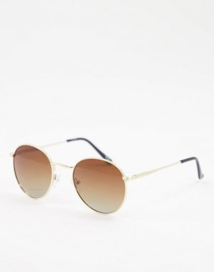 Золотистые солнцезащитные очки с круглой металлической оправой и коричневыми поляризованными стеклами -Золотистый ASOS DESIGN