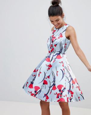 Атласное короткое приталенное платье с цветочным принтом Premium Closet London. Цвет: мульти
