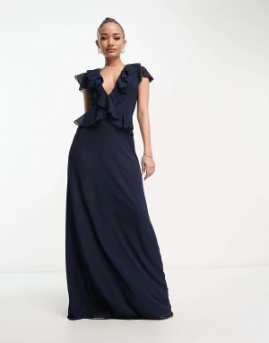 Темно-синее шифоновое платье макси с оборками Bridesmaid TFNC