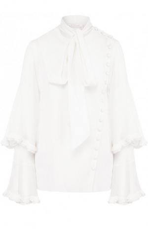 Однотонная блуза из смеси хлопка и шелка с оборками шарфом Chloé. Цвет: белый