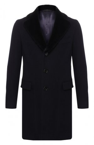 Кашемировое пальто с норковой отделкой воротника Andrea Campagna. Цвет: синий