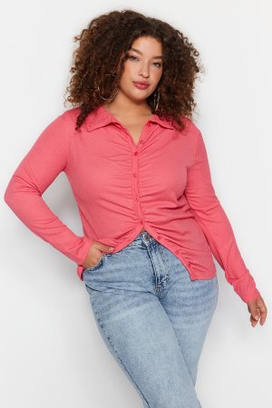 Розовая блузка больших размеров с запахом и сборками , розовый Trendyol