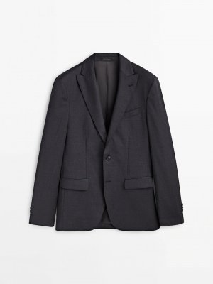 Однотонный костюмный пиджак из смесовой шерсти серого цвета , древесный уголь Massimo Dutti