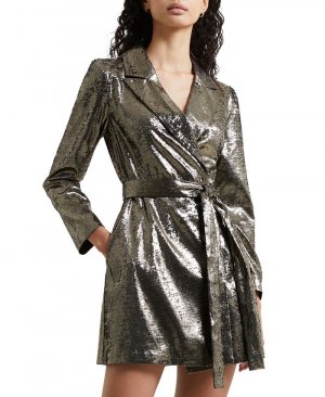 Женское платье металлик с запахом и длинными рукавами , серебро French Connection