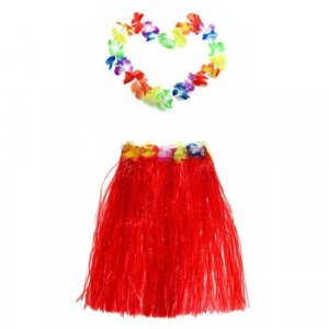 Гавайская юбка 60 см, красная, гавайское ожерелье 96 см Happy Pirate. Цвет: красный