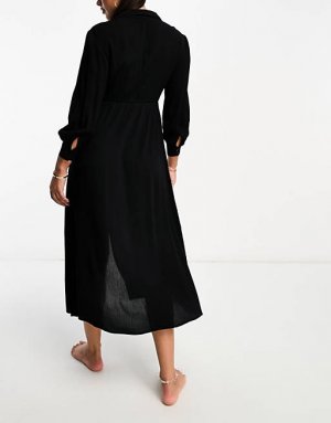 Черное пляжное летнее платье-рубашка с разрезом Isla & Bird Iisla