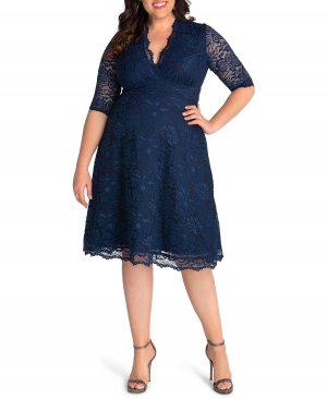 Женское кружевное коктейльное платье больших размеров с рукавами , синий Kiyonna
