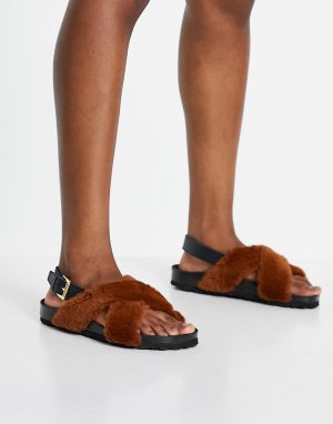 Коричневые сандалии из плюшевого искусственного меха на плоской подошве -Коричневый цвет Kaltur
