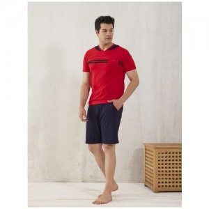 Пижама мужская с шортами хлопковая трикотажная большие размеры, размер S(46) Relax Mode. Цвет: красный/синий