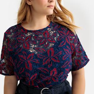 Блузка из гипюра с цветочным рисунком и короткими рукавами CASTALUNA. Цвет: темно-синий/ красный
