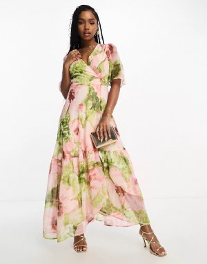 Платье ruffle wrap in floral print, розовый/зеленый Hope & Ivy