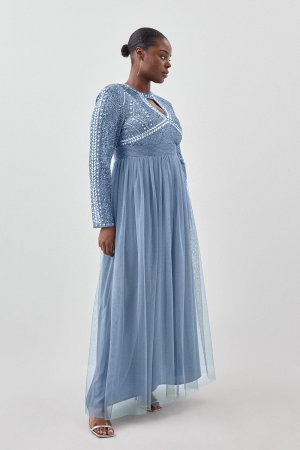 Плюс размер Тканое платье макси с украшением и юбкой из тюля , синий Karen Millen