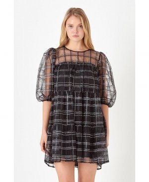 Женское мини-многоуровневое платье из сетчатой ткани с пышными рукавами и вышивкой , черный English Factory