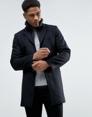 Шерстяное пальто со стеганой отделкой Celio. Цвет: черный