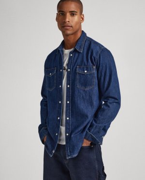 Однотонная мужская джинсовая рубашка темно-синего цвета , синий Pepe Jeans