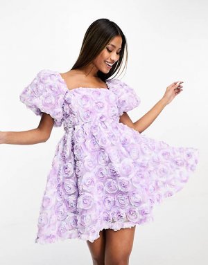 Сиреневое мини-платье с объемным цветочным принтом Forever Unique