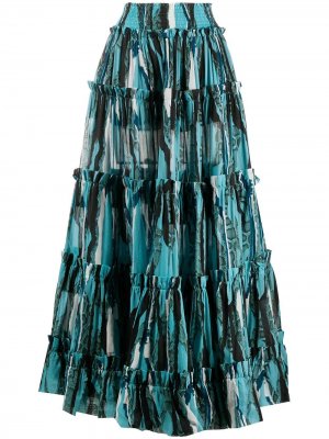 Ярусная юбка макси с анималистичным принтом Roberto Cavalli. Цвет: синий