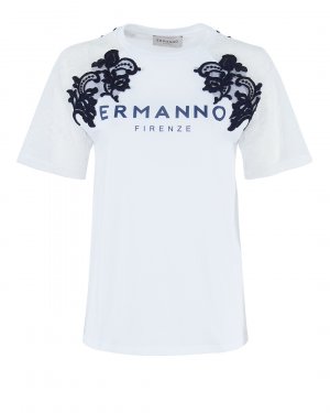 Хлопковая футболка ERMANNO FIRENZE. Цвет: белый+тем.синий