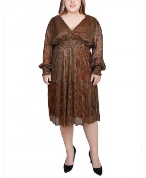 Плиссированное сетчатое платье больших размеров с длинными рукавами NY Collection, коричневый Collection