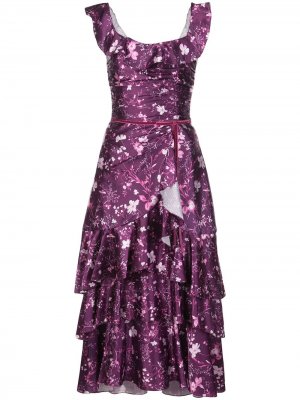 Длинное платье с оборками и цветочным принтом Marchesa Notte. Цвет: фиолетовый