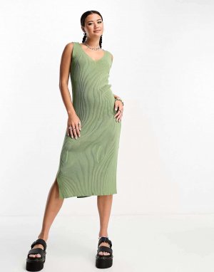 Оливковое трикотажное платье миди с v-образным вырезом Bolongaro Trevor