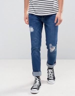 Выбеленные эластичные джинсы скинни цвета индиго с рваной отделкой Zef Zeffer. Цвет: синий