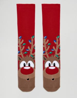 Новогодние носки с оленями Urban Eccentric. Цвет: красный