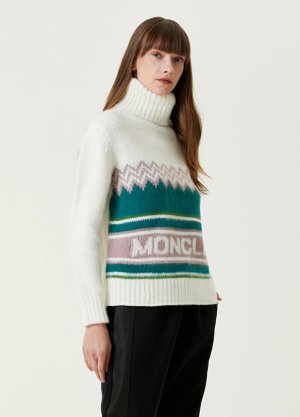 Кремовый шерстяной жаккардовый свитер с логотипом Moncler. Цвет: бежевый