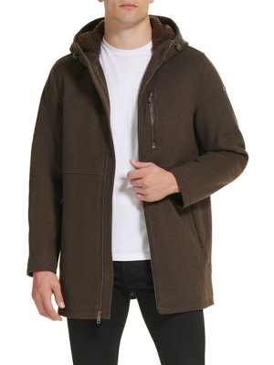 Полушерстяное пальто с капюшоном из искусственной овчины, коричневый Kenneth Cole