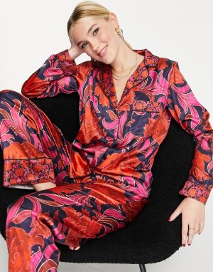 Подарочный набор из атласной пижамы и резинки для волос красно-розового цвета с цветочным принтом в комплекте мешочком тон -Разноцветный Hope & Ivy