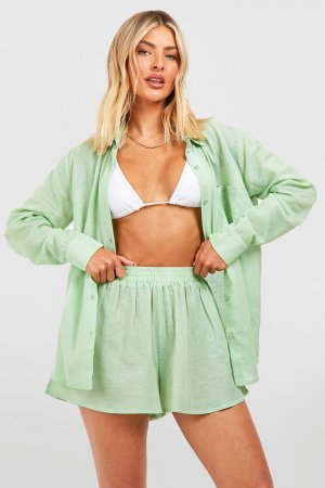 Комбинация льняной рубашки и короткого пляжного костюма boohoo, зеленый Boohoo