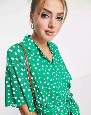 Зеленое платье-рубашка с короткими рукавами Monki
